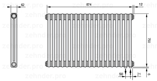 Схема (чертеж) Радиатор Zehnder Charleston 2075/19 №5510 Белый глянцевый RAL 9016